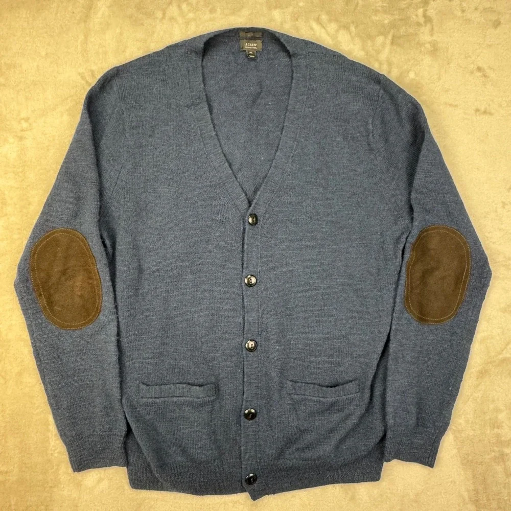 J Crew Cardigan Mens XL Blue Slim Merino Wool Elbow Patch Heritage Sweater Prep